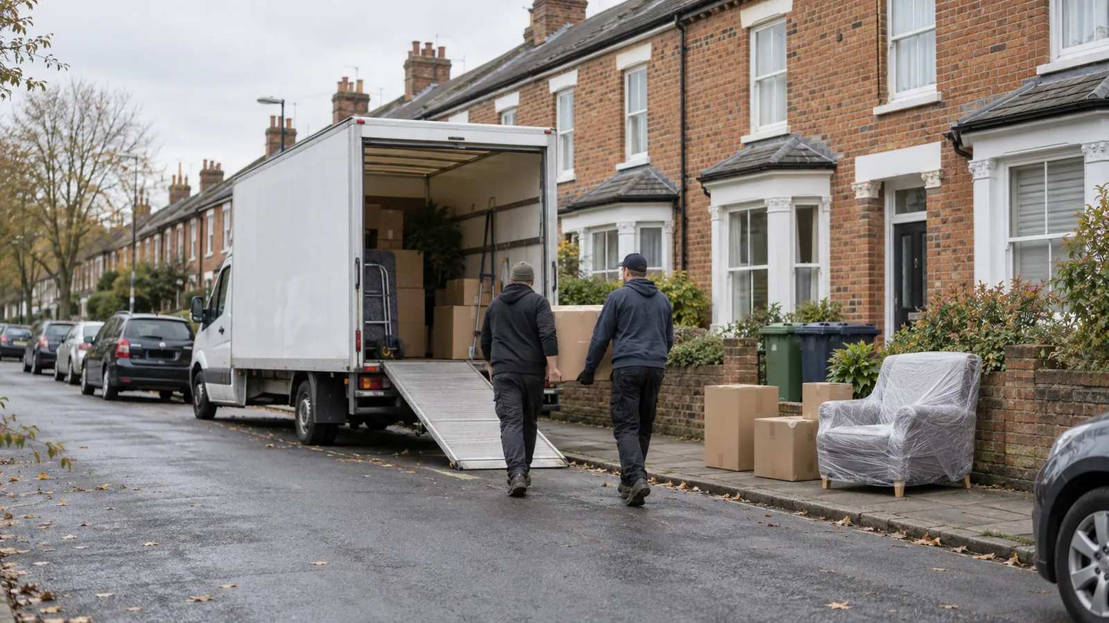 Two movers carry a box to a white Luton van parked outside a brick terraced house on a quiet street.