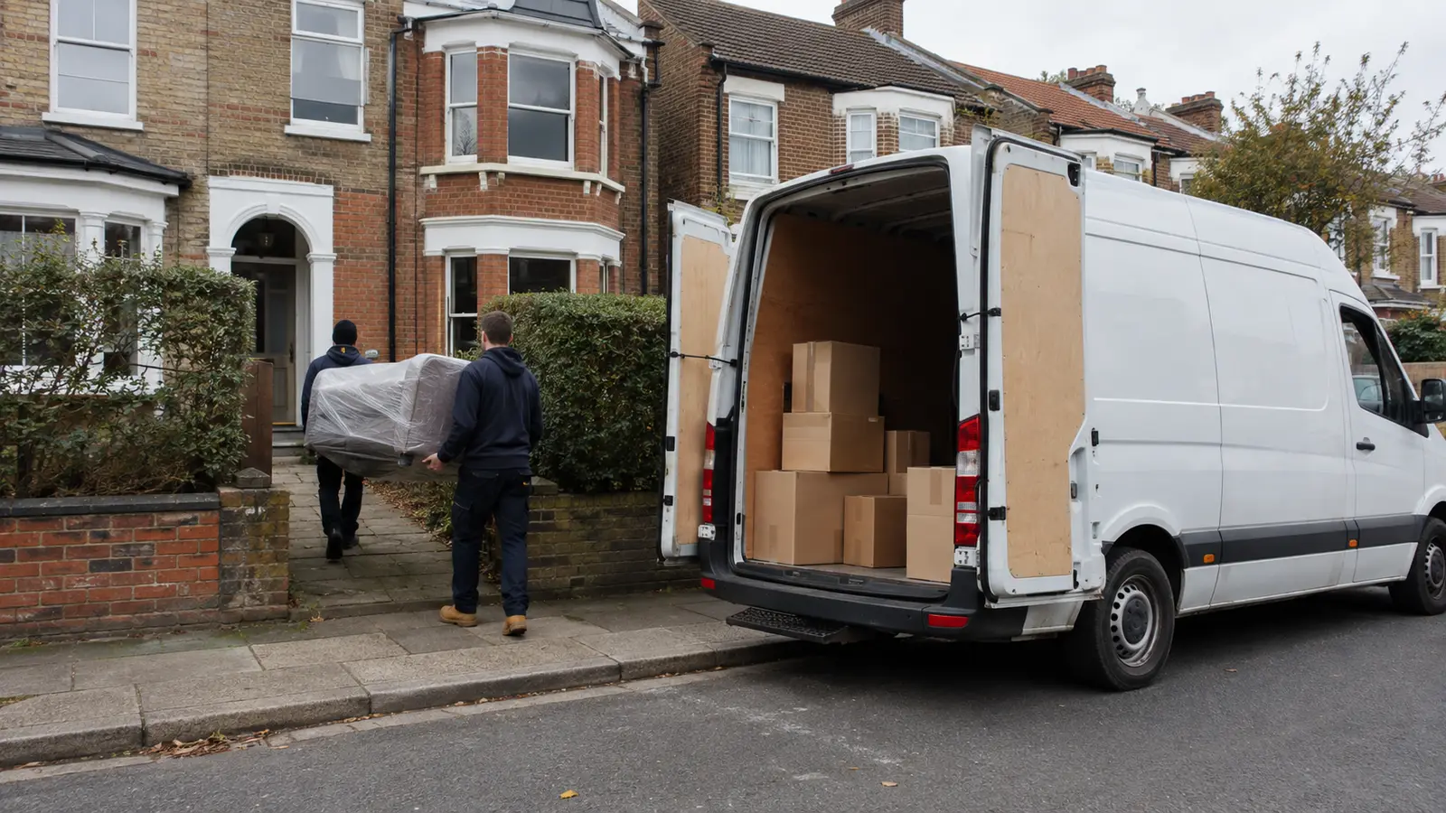 Movers carrying a wrapped sofa from a terraced house to a white van, the work behind the cost of moving house in the UK