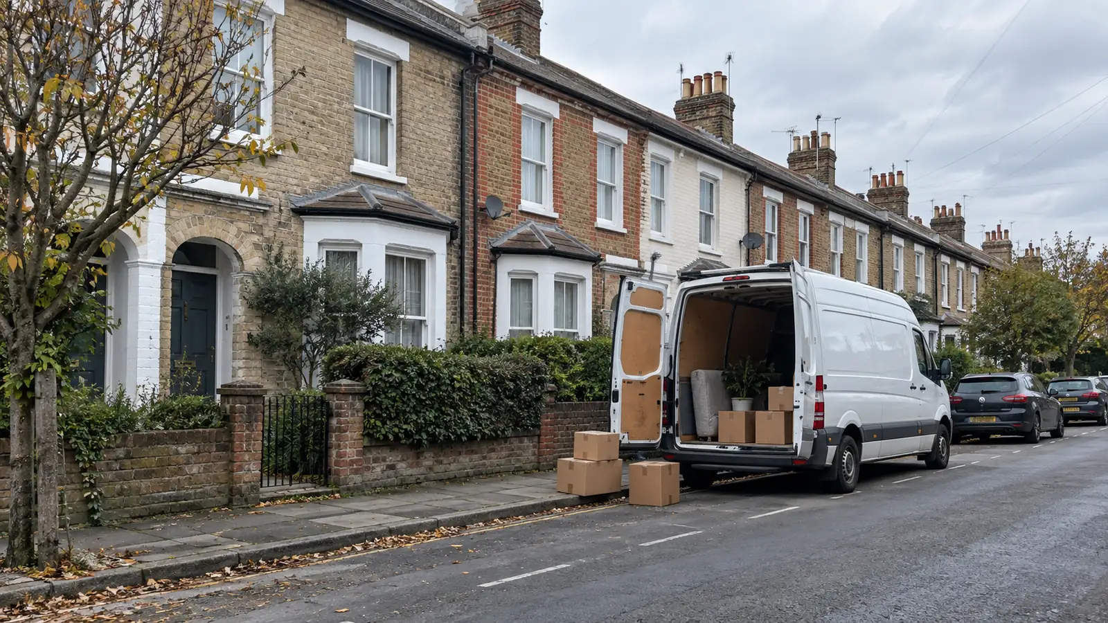 A part loaded white removal van at the kerb of a British terraced street, the everyday end of a property transaction