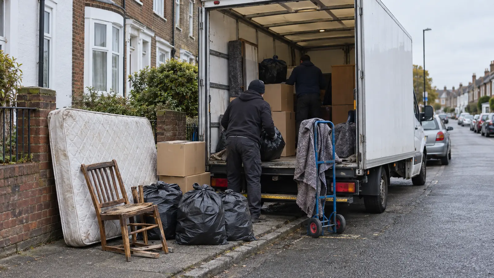 Two removers loading bagged clearance waste and a discarded mattress into a Luton van on a terraced street